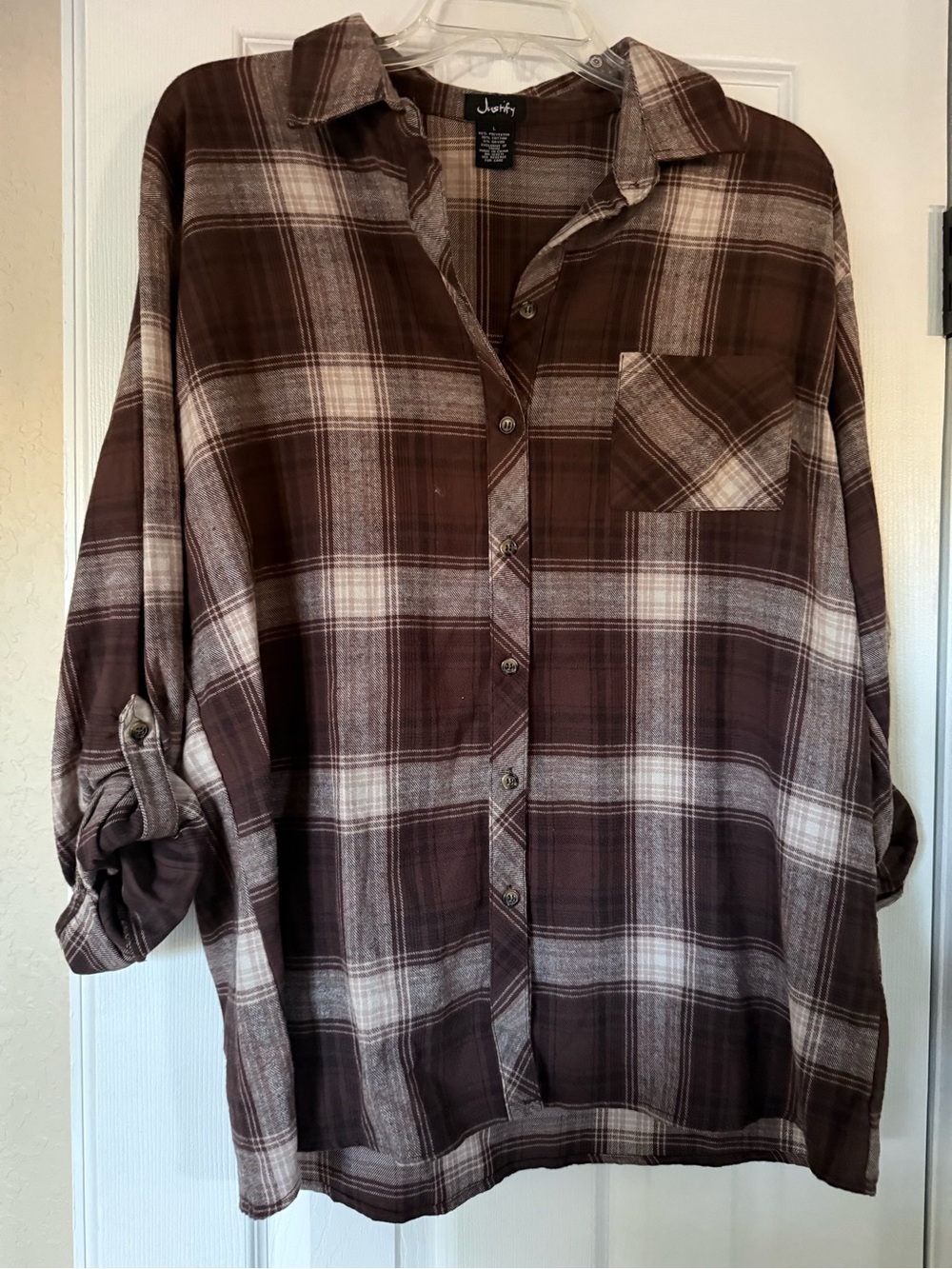 Justify Brown and Cream Plaid Casual Button-Down Shirt